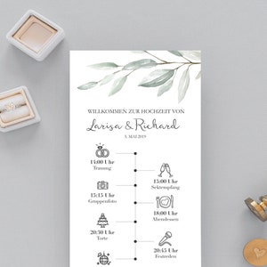 Event Program, Timeline Design, Wedding Day Timeline, Green Leafs, Schedule of Events, Editable Order of Events (in English or German) #024