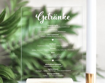 Clear Acrylic drinks menu wedding white wording, transparent sign, modern event bar menu plexiglass, acrylic menu (in your own language)