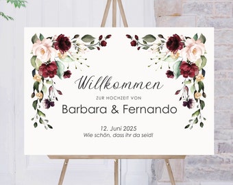 Begrüßungsschild Hochzeit, Willkommensschild Hochzeit, Rot, Willkommen zu unsere Hochzeit, Hochzeitsschild, Schild, Name Brautpaar, Idee