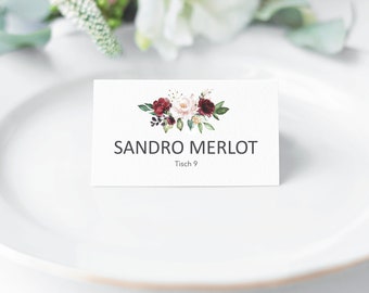 Red Flower Place Card (up to 70 names per order), Burgundy, Seating, Guest List, Personalized Wedding or Celebration Card, Escort Card #016