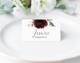 Red Flower Place Card (up to 70 names per order), Burgundy, Seating, Guest List, Personalized Wedding or Celebration Card, Escort Card #016