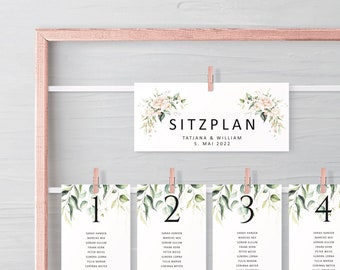 Sitzplan für Gäste Hochzeit Frühling, Namensplan Hochzeitsessen Saalplan, Sitzordnung für Hochzeitsgäste, Vorlage Sitzplan, Grüne Blätter