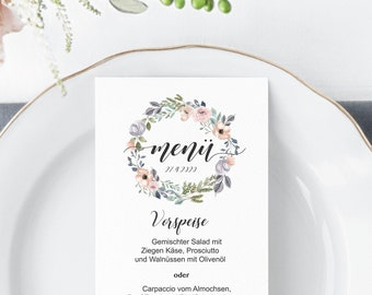 Elegant Menu Card Design with calligraphy, print yourself, flower wreath menu template, Wedding Menu, Birthday Dinner Menu, Buffet Menu #04