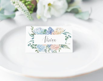 Blue Flower Place Card (up to 70 names per order), Seating, Guest List, Personalized Dinner Escort Card, Wedding, print by yourself #013