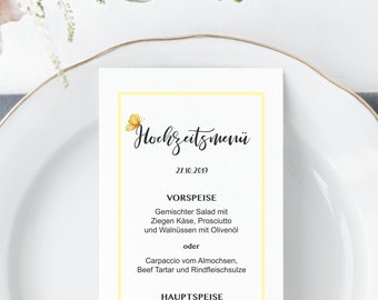 Druckbare Speisekarte mit gelbe Blume, Hochzeitsmenü mit Schmetterling, Menü Vorlage, Hochzeitsmenü Idee (auf Deutsch oder Englisch)
