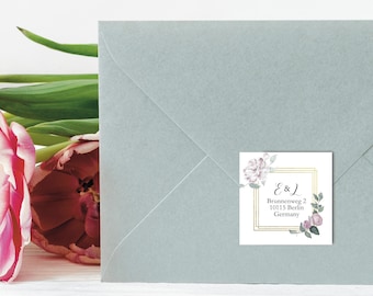 Wedding Address Stickers, Envelope Sticker with Return Address Labels, gold frame, Purple flower pattern wreath #015