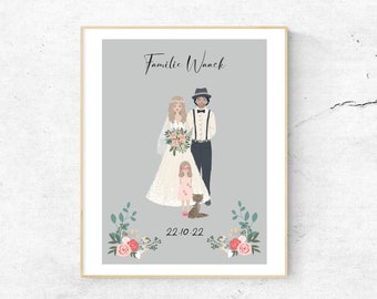 Wedding Portrait, Family Illustrations, Couple Portrait, Couple Drawing, Family Portrait, Digital Drawing Gift, growing by one #011