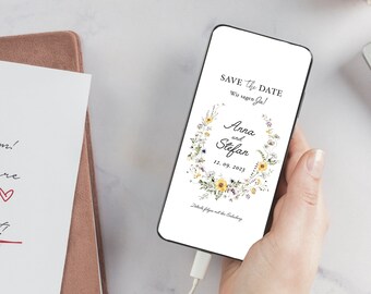 Einladung Hochzeit digital, Elektronisches Save the Date, Hochzeit vormerken elektronisch auf Deutsch, digitale Einladungskarte, gelb Wiese