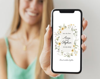 Einladung Hochzeit digital, Elektronisches Save the Date, Hochzeit vormerken elektronisch auf Deutsch, digitale Einladungskarte, gelbe Wiese