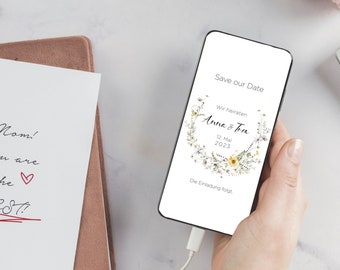 Einladung Hochzeit digital, Elektronisches Save the Date, Hochzeit vormerken elektronisch auf Deutsch, digitale Einladungskarte, gelb Wiese