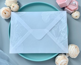 Busta traslucida 14x19cm, Busta per lettere, Busta bianca, Busta trasparente con motivo floreale, Busta pergamena
