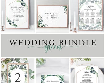 Modern Wedding Bundle, Wedding Essential, Stationery bundle wedding, green themed wedding stationery, menu, welcome sign Green leafs #024