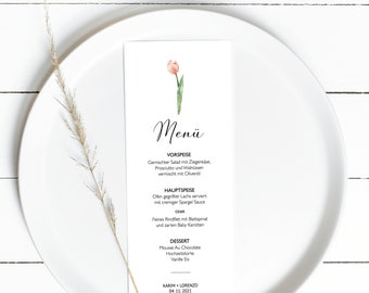 Druckbare Speisekarte mit Tulpe, Hochzeitsmenü, Menü Vorlage, Hochzeitsmenü Idee, Buffet menü, Speisekarte, Bar Menü Tulpen