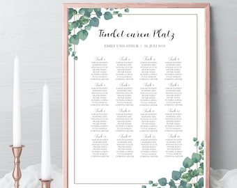 Seating Plan Wedding, Wedding seating chart template, horizontal find your seat board, green leaves seating plan design template #024