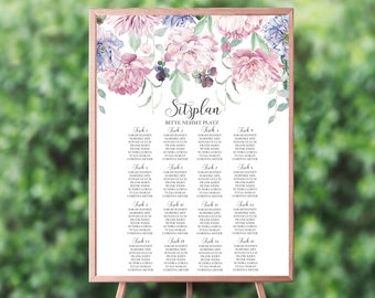 Wedding Seating Plan, Welcome Board with purple and pink flowers, Seating Chart with Guest names (in English or German) #015