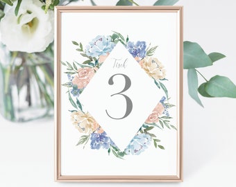 Printable Table Numbers 1 - 15 with blue flower pattern, Wedding table decoration number, guest seating table, find your seat table number