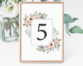 Printable Table Numbers 1 - 15 with dusty rose flower, Wedding Table Numbers flower frame, Seating Numbers Banquet, Anniversary Party #04