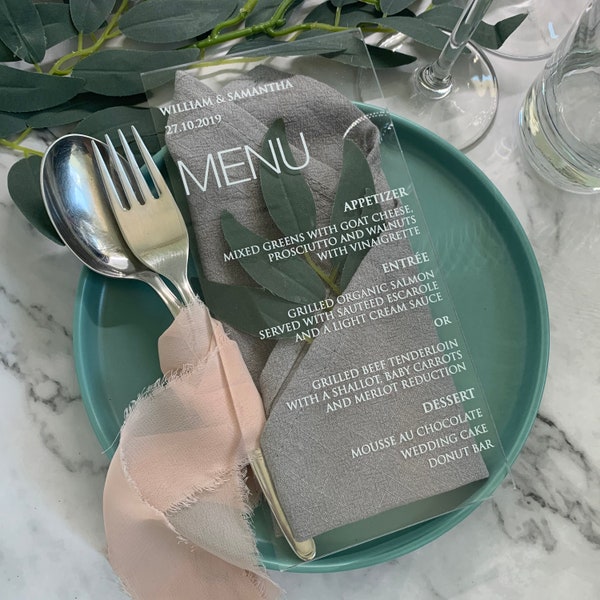 Texte blanc de mariage de menu en acrylique transparent, enseigne transparente, plexiglas de menu de nourriture d'événement moderne, menu de mariage en acrylique (dans votre propre langue)