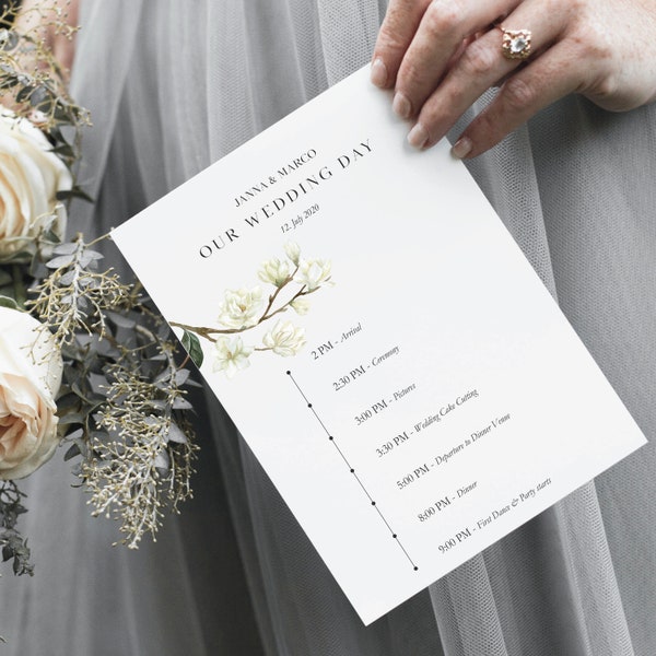 Programm mit Blume in weiss, Timeline mit Magnolie Zweig, Hochzeitstag Details, Zeitplan, Agenda, Weisse Blume, Tagesplan Hochzeit