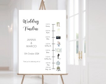 Tagesplanung Hochzeit, Schild mit Hochzeitstag Zeitplan, Tagesplan Hochzeitstag Details, Agenda Hochzeit, Zeremonie Zeitplan mit Symbole