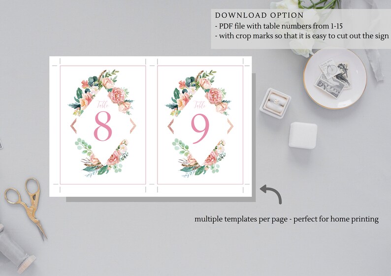 Printable Table Numbers 1 15 with flower pattern, Elegant Wedding Table Numbers, guests to find their table, guest table decoration 021 image 4