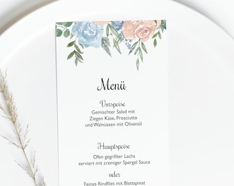 Blue flower Menu Card, print yourself, rectangular menu, menu card template, blue watercolour flowers, wedding menu, Birthday menu #013