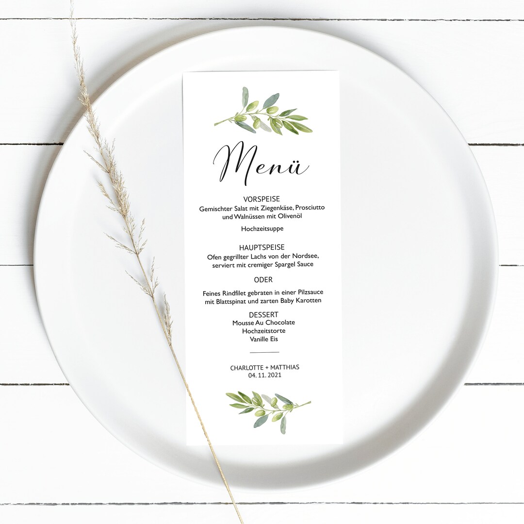 Olive Branch Menu Card, Print Yourself, Olives Greenery Menu Template