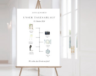 Tagesplanung Hochzeit, Schild mit Hochzeitstag Zeitplan, Tagesplan Hochzeitstag Details, Agenda Hochzeit, Zeremonie Zeitplan mit gold Rahmen