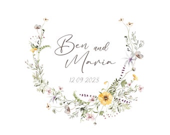 Persönliches Logo, Hochzeitslogo mit gelben Blumen, Wildwiese Grafik Brautpaar Namen, Monogramm, Logo Kranz Hochzeit Brautpaar Logo gelb