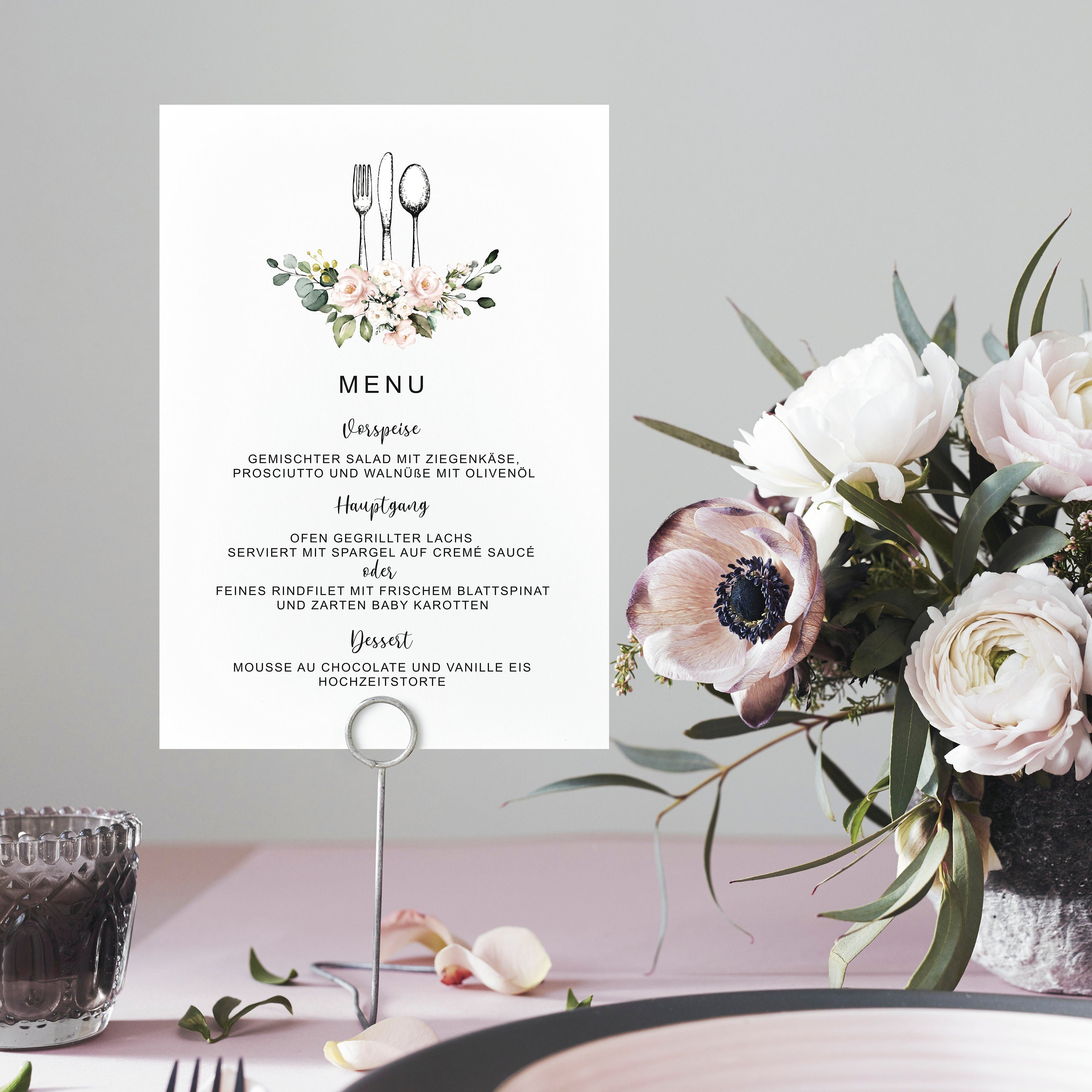 Watercolour Light Pink Flower Menu Card print yourself Etsy