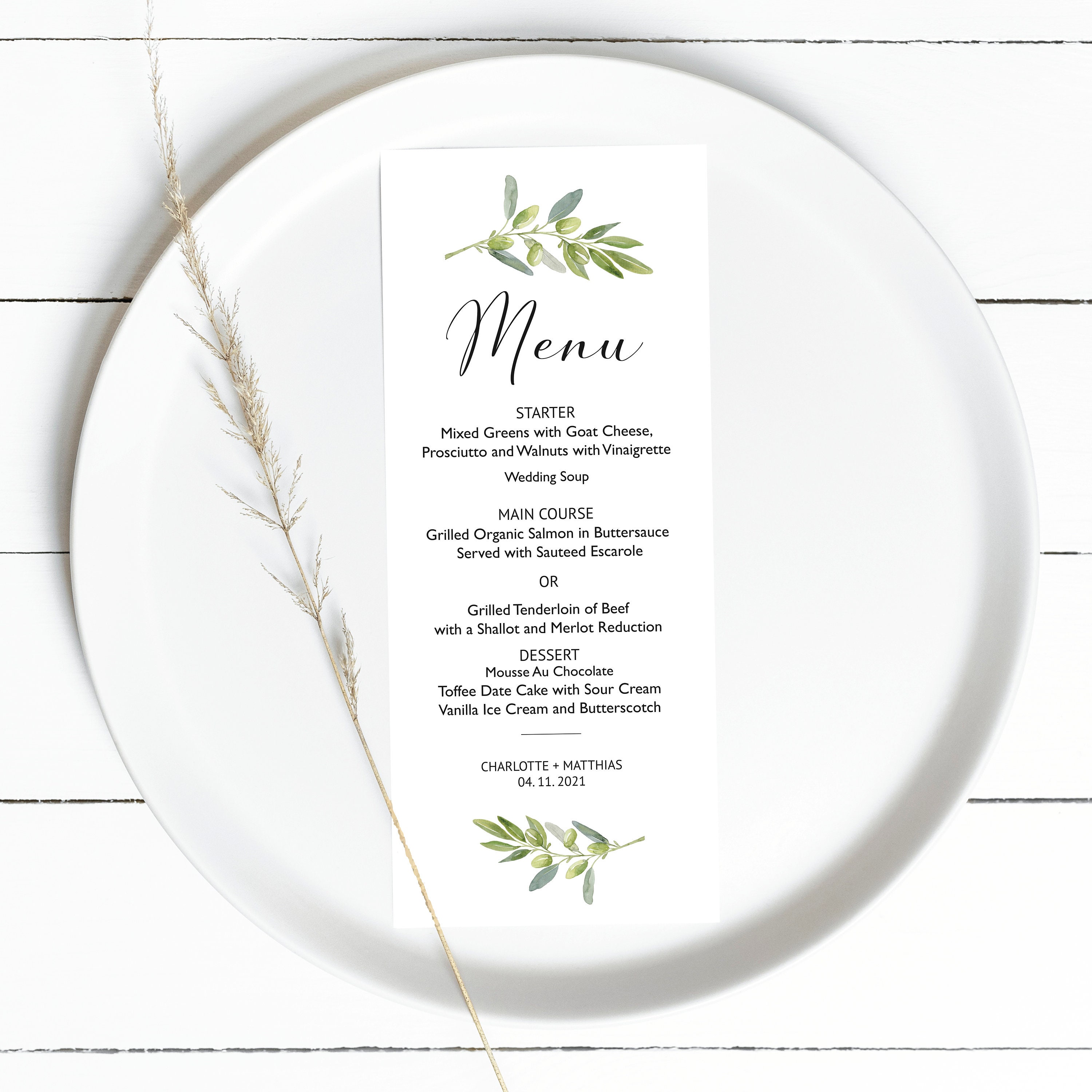 Olive Branch Menu Card Print Yourself Olives Greenery Menu Etsy UK