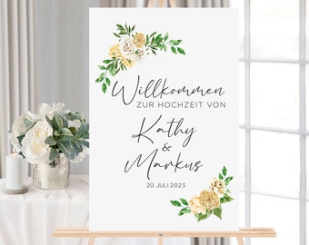 Willkommensschild, gelbe Blumen Willkommen zu unserer Hochzeit, Hochzeitsschild, Schild, Name Brautpaar mit grünen Kranz Begrüßungsschild