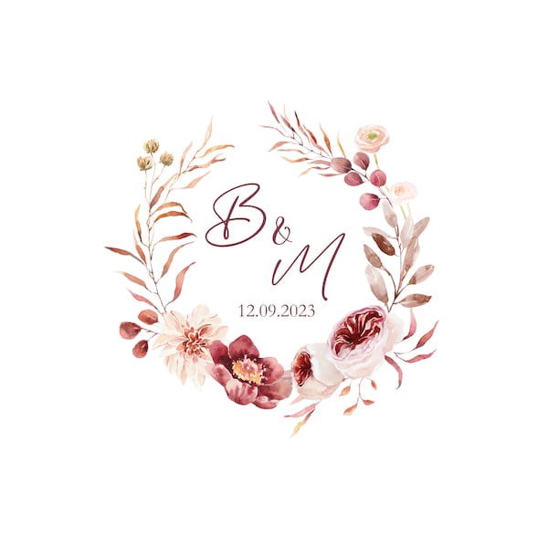 Unique Wedding Logo, light rosa flowers, Couple logo, Customised Wedding Logo, Bride & Groom Name, Emblem , pink flowers, Wedding Date boho