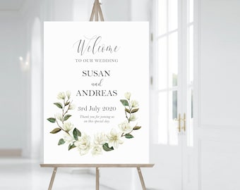 Welcome Sign Calligraphy, White Magnolia Script Font Welcome Board for Event, Sign to Wedding Guest, Greeting sign wedding couple name #012
