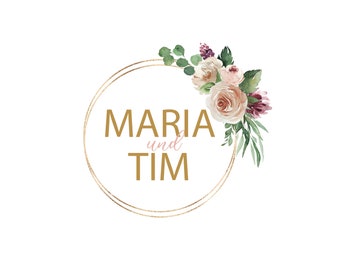 Unique Wedding Logo, light rosa flowers, Couple logo, Customised Wedding Logo gold, Bride & Groom Name, pink flowers, Wedding Date #01