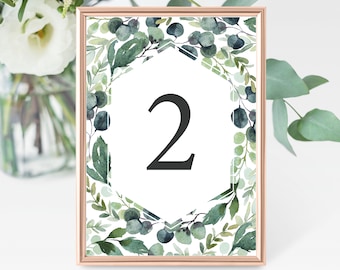 Printable Table Numbers 1 - 15, Printable Table Numbers green leafs, Number with Eucalyptus, green wreath, number with green flower #024