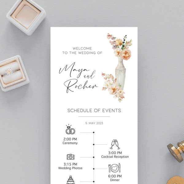 Wedding Program, Wedding Day Timeline Template, Purple Flower, Schedule of Events, Blush Flower (Available in your language) #03