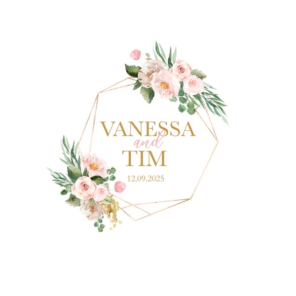 Unique Wedding Logo, light rosa flowers, Couple logo, Customised Wedding Logo gold, Bride & Groom Name, Emblem , pink flowers, Wedding Date