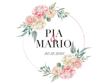 Pre-made Wedding Monogram, Wreath Logo, Digital, Initials, Couple Logo, Names of Wedding Couple, Watercolour flowers pink and green #021