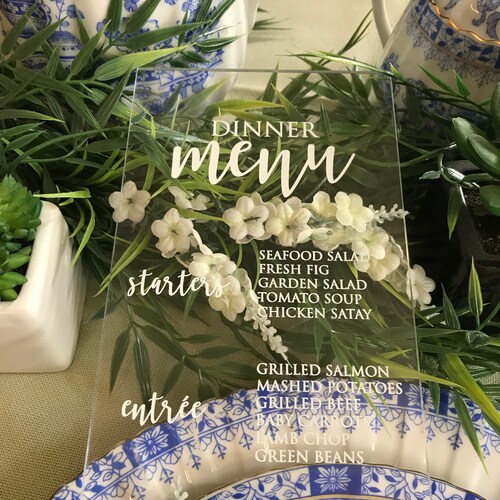 Clear Acrylic menu wedding with white wording, transparent sign, modern