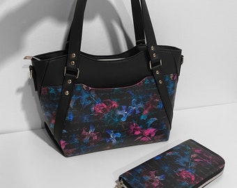 Sac à main et ensemble portefeuille, sac à main en faux cuir, sacoche en vinyle, sac à main fleuri noir, portefeuille zippé, cadeaux avec ensemble