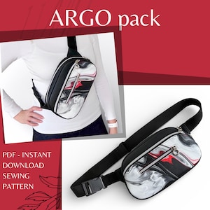 May include: Black and white fanny pack with a marbled design and a black strap. The bag has a silver zip and a red accent. The text "ARGO pack" is visible in the image.
