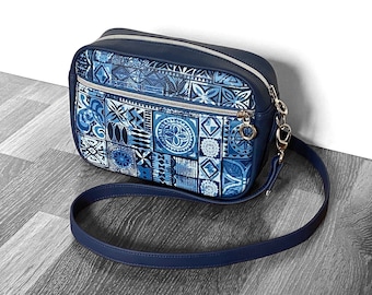 Crossbody bag with blue boho style pattern, faux leather mini bag, vegan hip bag, shoulder bag