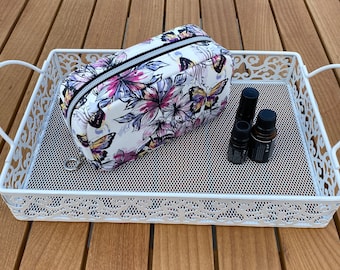 Essential oil bag, essential oil carry case in pink floral and butterfly print, vegan leather essential oil pouch