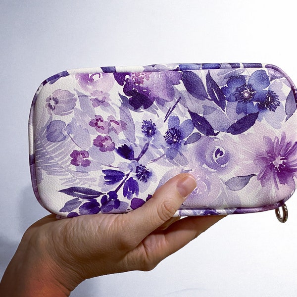 Essential oil bag, essential oil carry case in purple floral print, vegan leather essential oil pouch