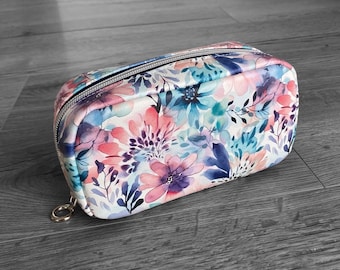 Essential oil bag, essential oil carry case in teal, purple, salmon floral print, vegan leather essential oil pouch