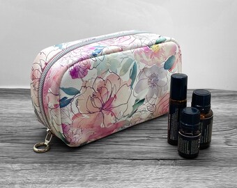 Essential oil bag, essential oil carry case in pink floral print, vegan leather essential oil pouch