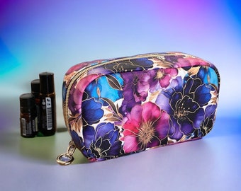 Essential oil bag, essential oil carry case in purple and pink floral print, vegan leather essential oil pouch