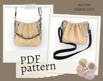 May include: A PDF pattern for a beige crossbody bag with a black strap and a black and white patterned design. The bag has a drawstring closure and metal studs. The image includes the text "INSTANT DOWNLOAD!" and "PDF pattern".