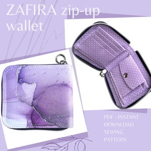 Könnte beinhalten: Ein ZAFIRA Reißverschluss-Geldbörsen-Schnittmuster als PDF-Sofort-Download. Die Geldbörse hat ein violettes Alkoholtinten-Design außen und ein violettes Innenfutter mit weißen Punkten, Kartenfächern und einem Münzfach mit Druckknopf und Reißverschluss.